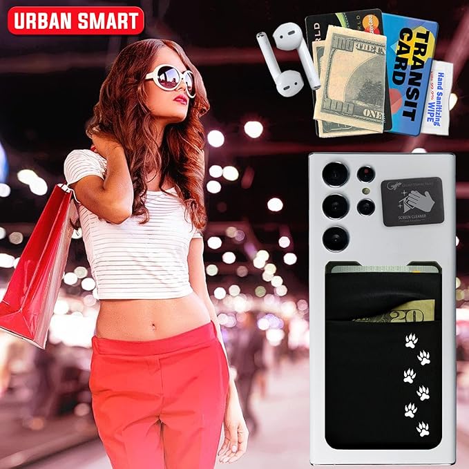 Gecko Travel Tech Double Pocket - Adhesive Card Holder - Cell Phone Pouch - Stick on Spandex Pocket - Carry Credit Cards and Cash (Black - CAT PAW)