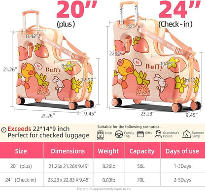 Kids' Lightweight Ride on Luggage with Spinner Wheels & Foldabe Design (Pink Strawberry, 24"+ Aged 3-12 Toddler)
