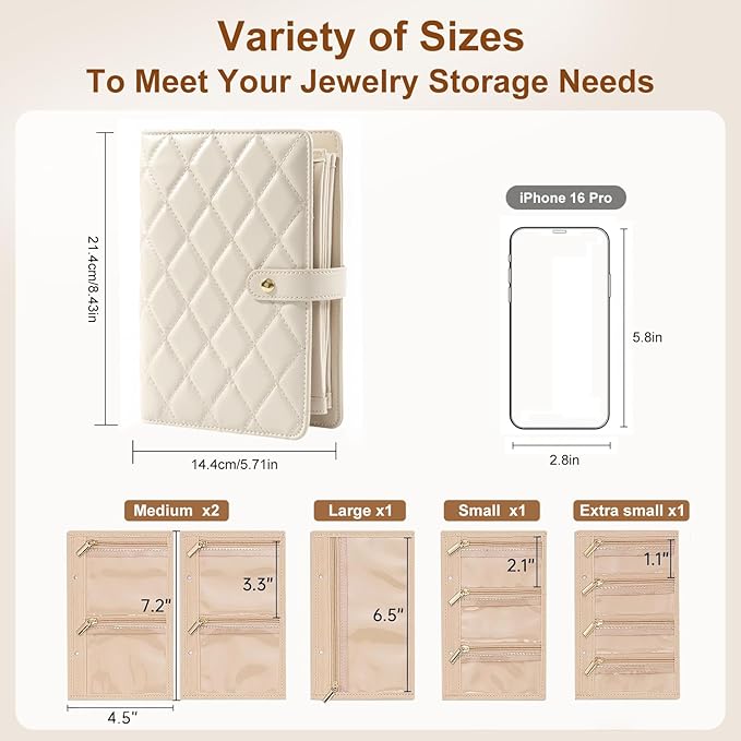 Jewelry Travel Case, Jewelry Organize Storage Book Ring Binder with Clear Zipper Velvet Jewelry Pouches Bags for Rings, Necklace, Earrings, Cream White