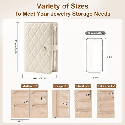Jewelry Travel Case, Jewelry Organize Storage Book Ring Binder with Clear Zipper Velvet Jewelry Pouches Bags for Rings, Necklace, Earrings, Cream White