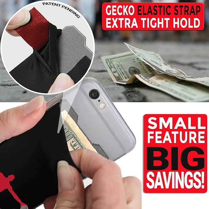 Gecko Travel Tech Double Pocket - Adhesive Card Holder - Cell Phone Pouch - Stick on Spandex Pocket - Carry Credit Cards and Cash (Basketball)