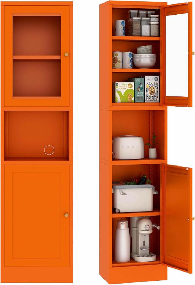 Metal Bathroom Storage Cabinet 67" Slim Bathroom Organizer with 3 Adjustable Shelves, 2 Doors (Left/Right Opening),Metal Floor Cabinet for Small Spaces(Glass, Orange)
