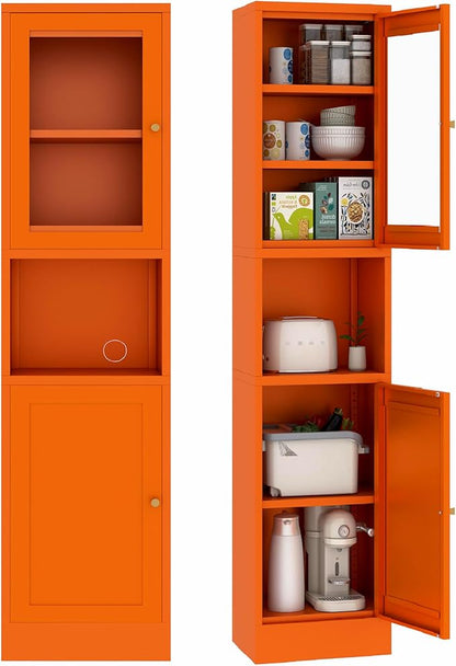 Metal Bathroom Storage Cabinet 67" Slim Bathroom Organizer with 3 Adjustable Shelves, 2 Doors (Left/Right Opening),Metal Floor Cabinet for Small Spaces(Glass, Orange)