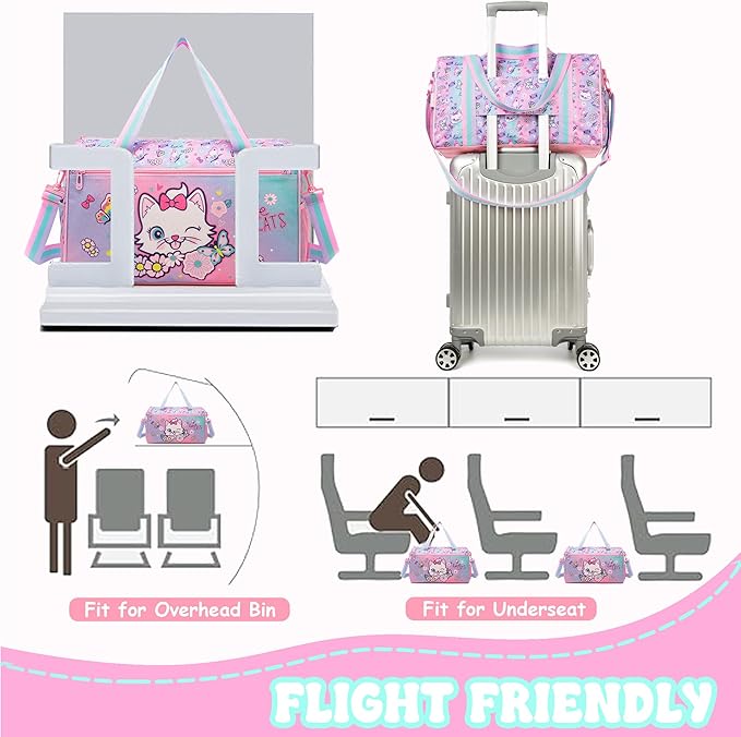Kids Luggage Set with Wheels Girls Cute Cat Travel Softside Suitcases 16" Carry on Suitcase with Duffle Bag Girls Luggage Sets Airline Approved