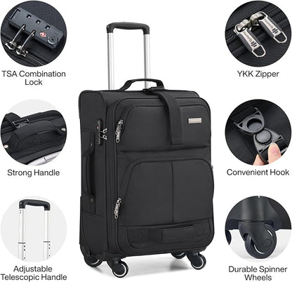 Hanke 20 Inch Softside Expandable Carry On Luggage with Spinner Wheels, Rolling Suitcase Travel Luggage with TSA Approved Luggage,Black