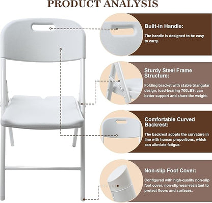 4 Pack Folding Chair, 700 lb Weight Capacity,Indoor/Outdoor Heavy Duty Foldable Chairs for Restaurants, Kitchens, Picnics, Races, Parties & Weddings. (4, White)