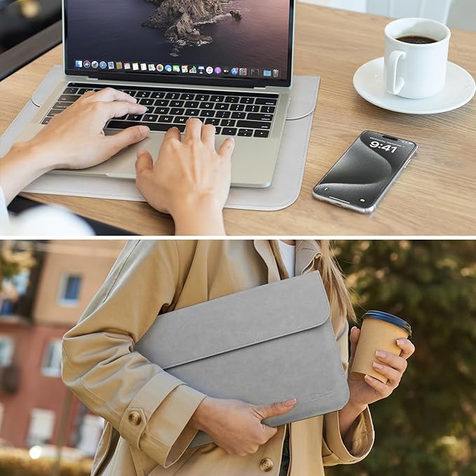 Allinside 13 Inch Laptop Sleeve Case for MacBook Air 13 2018-2025/MacBook Pro 13 2016-2022/Macbook Pro 14 2021-2024, Waterproof Matte PU Leather Horizontal Envelope Protective Case Cover, Gray