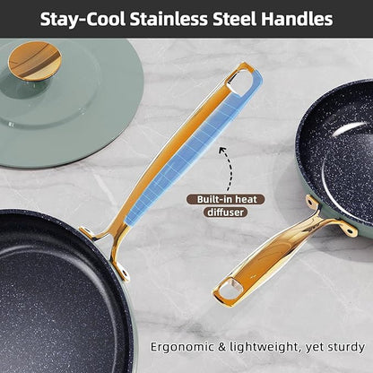 Nuwave Lux LE 13-Pc Cookware Set with Elegant Gold Handle, Diamond Infused Ceramic Non-Stick, PFAS Free, Premium Metal Lids, Ergonomic Stay-Cool Handles, Induction Ready & Compatible w/All Cooktops