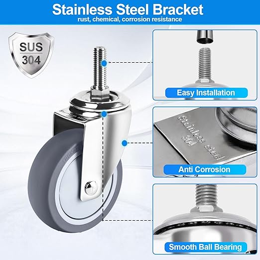 4 inch Stainless Steel Caster Wheels Heavy Duty, 3/8"-16x1 Threaded Stem Casters with Brake, Rust Resistant, Non-Marking Slient TPR Rubber Wheels for Hospital, Lab,Furniture,Restaurant