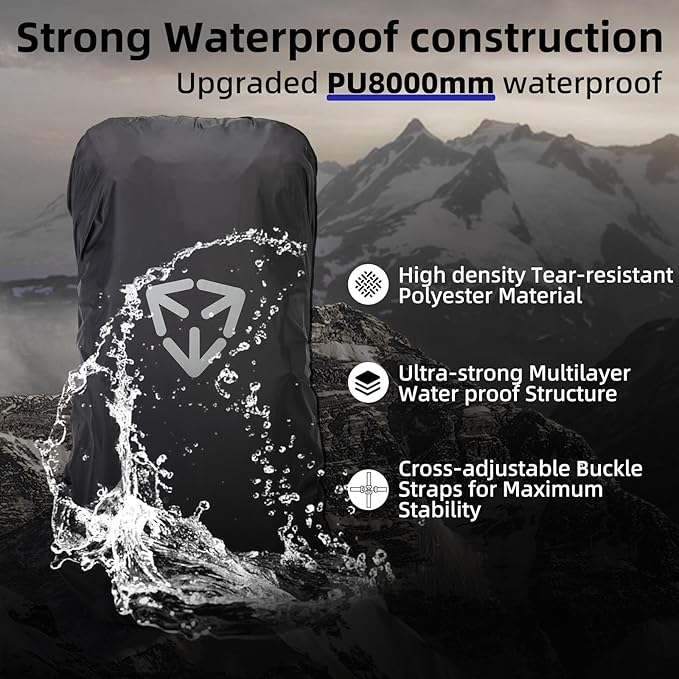Backpack rain cover, waterproof backpack rain cover, suitable for 30L-70L backpacks, reinforced cross buckle, 2000mm waterproof level，Black (L)