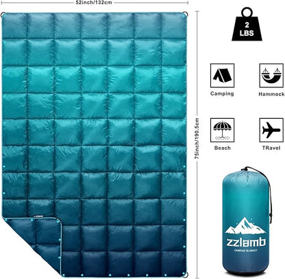 zzlamb Camping Blanket for Cold Weather,Outdoor Puffy Blanket Portable Down Alternative,Windproof Warm Cloak with Snaps,Cozy Quilt Backpacking Picnic RV Travel Plane Car Hammock Beach Climbing