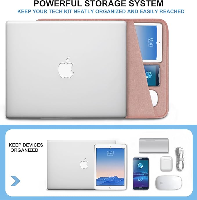 Laptop Sleeve Case, Shockproof Protective Computer Sleeve Cover with Accessories Pocket, Water Resistant Traveling Carrying Laptop Bag Compatible for 15.6 inch MacBook Dell HP Acer Lenovo, Pink