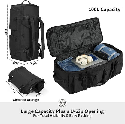 STOVER 100L U-Zip Rolling Duffel Bag with Wheels, X-Large Durable Travel Duffle + Toiletry Bag, Heavy Duty, Lay-Flat Opening, Packable w/Shoulder Straps- Use as Luggage or Backpack, Men/Women (Black)