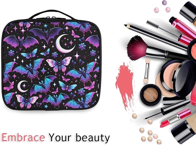 MNSRUU Travel Makeup Bag, Neon Purple and Bats Stars and Moons Women Makeup Case Organizer Cosmetic Toiletry Bag for Teenage Girl with Adjustable Dividers