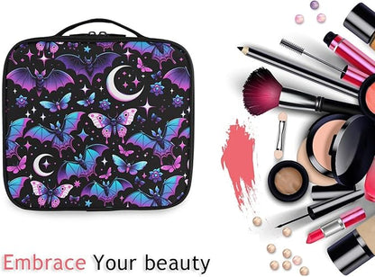 MNSRUU Travel Makeup Bag, Neon Purple and Bats Stars and Moons Women Makeup Case Organizer Cosmetic Toiletry Bag for Teenage Girl with Adjustable Dividers