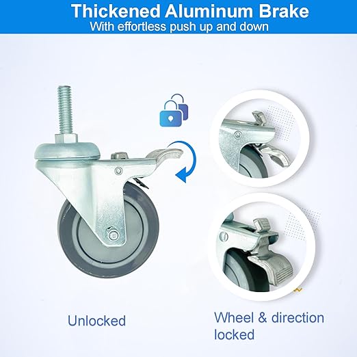 4 inch Swivel Caster Wheels Heavy Duty with Aluminum Brake, 1/2" x13-1-1/2 Threaded Stem Casters Set of 4, Polyurethane Grey PU Wheels for Hospital, Lab, Furnitures,Restaurant