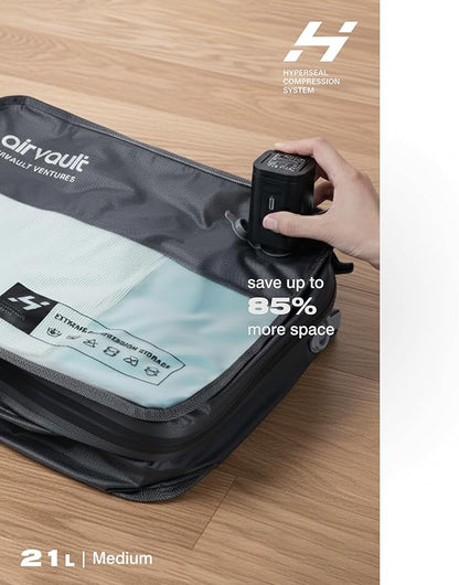 AirVault Travel Pack Vacuum Kit Reusable Air Seal Compression Bags with Wireless Suitcases Backpack Space Saver Vacpack (Gray 21L (2-Pack), 21L (Air Pump Included)