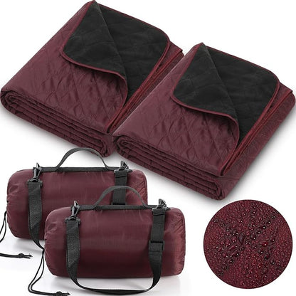 Tranqun 2 Pcs Large Waterproof Outdoor Blanket 78 x 55'' Windproof Blanket Quilted Waterproof Fleece Sandproof Foldable Warm Stadium Blankets for Camping Picnic Sporting Event Cold Weather(Dark Red)