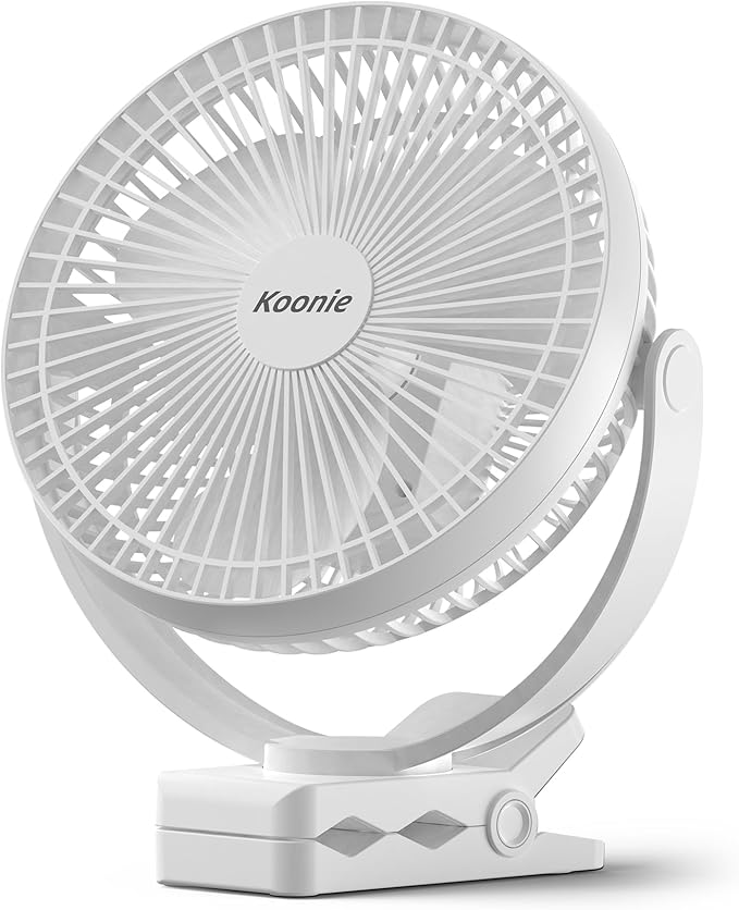 Koonie Portable Clip on Fan, 8-Inch 10000mAh USB Rechargeable Battery Operated, 4 Speeds, Strong Airflow, Sturdy Clamp for Office Desk Golf Car Outdoor Travel Camping Tent Gym Treadmill