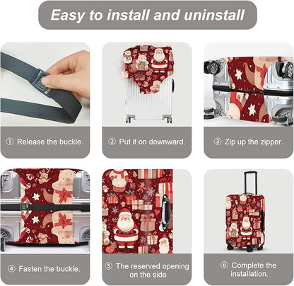 Allover Christmas Luggage Cover - Red Background with Santa, Gifts and Snowmen Pattern, Dense Holiday Design for 32 34 Inch Travel Bag