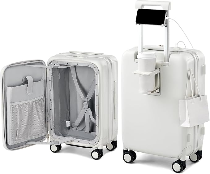 Hanke 20 Inch Expandable Carry On Luggage Airline Approved Top Opening Travel Luggage Rolling Suitcase with Cup Holder Hard Shell Suitcases with Wheels (Smoke White)