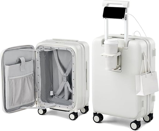 Hanke 20 Inch Expandable Carry On Luggage Airline Approved Top Opening Travel Luggage Rolling Suitcase with Cup Holder Hard Shell Suitcases with Wheels (Smoke White)