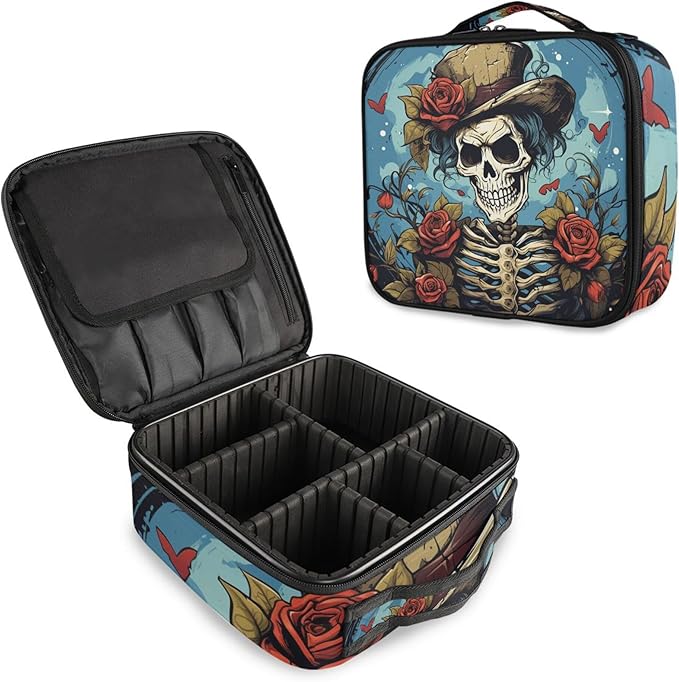 MNSRUU Travel Makeup Bag, Gothic Skull Rose Women Makeup Case Organizer Cosmetic Toiletry Bag for Teenage Girl with Adjustable Dividers