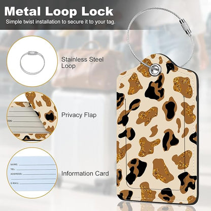 2Pack Luggage Tags for Suitcases, Cute Unique Pu Leather Cruise Luggage Tag with Privacy Cover ID Label Address Card and Metal Ring Suitable for Women Men Kids Travel Bag Brown Leopard Print