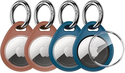 UNBREAKcable Holder for Apple AirTag - 4 Pack [Fit Tightly Design] [Easy to Install] [Hold Air Tag Securely] Waterproof TPU Shell Protective Case with All Metal Keychain Key Ring Clip (Brown&Blue)