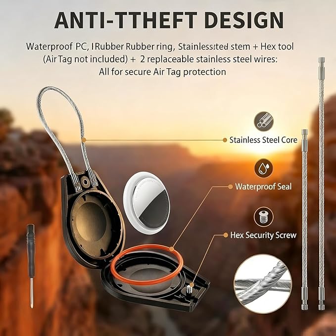 Air Tagholder Keychain Compatible with Apple Air Tag Waterproof Anti Theft Wire Cable Secure Case with Screw Lock for Luggage Keys Pet Collar Black