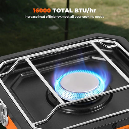 Dollate 2-Burner Propane Stove with Griddle and Carrying Bag, Portable Foldable Camping Stove with 2 Adjustable Burners 16000 BTUs,for Camping Tailgating Essentials Gear (Orange)
