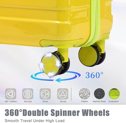 Campfun 3 Piece Luggage Sets, PC Gradient Color Suitcase Set with Double Spinner Wheels, Durable Carry On Luggage with Combination Lock, 20/24/28 inch, Green+Yellow
