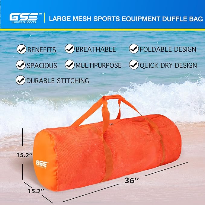 Orange Heavy-Duty Large Mesh Sports Duffle Bag, Dry Bag, Diving Equipment Scuba Bag with Zipper. Great for Gym Workout, Sport Balls Storage, Scuba Gear, Snorkeling, Water Sports and Travel