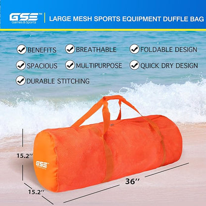 Orange Heavy-Duty Large Mesh Sports Duffle Bag, Dry Bag, Diving Equipment Scuba Bag with Zipper. Great for Gym Workout, Sport Balls Storage, Scuba Gear, Snorkeling, Water Sports and Travel