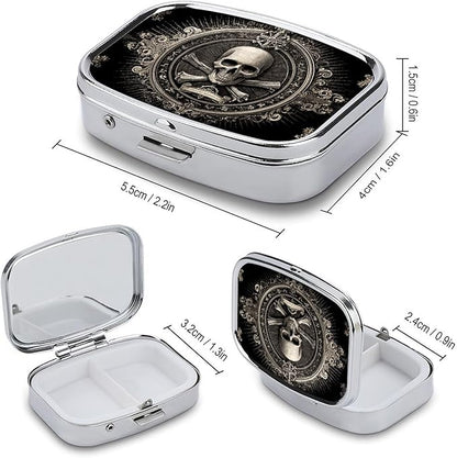Metal 2 Compartment Pill Organizer Travel Friendly Portable Compact Pill Box Cute Pill Case,for Pocket Wallets Daily Portable Medicine Vitamin Tablet Storage (Skull)