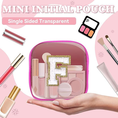 Mini Clear Personalized Initial Makeup Bag,Nylon Preppy A-Z Chenille Letter Patch Zipper Cosmetic Bag, Small Cute Beach Pouch Travel Purse Sanitary Napkin Storage Bag for Women Girls(Hot Pink-White F)