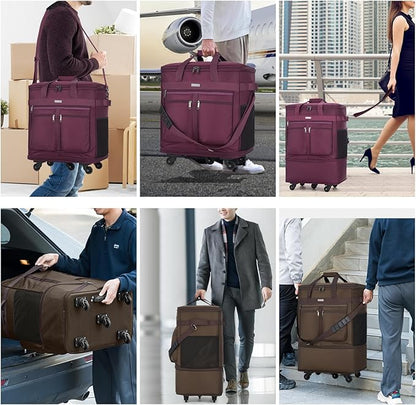 MILADA Expandable Luggage Bags for Travel Foldable Suitcase with Wheels Collapsible Rolling Travel Duffle Bag Lightweight Large Suitcases without Telescoping Handle, Coffee