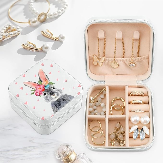 MAYCARI Jewelry Box with Cute Bunny Pattern Design, PU Leather Jewelry Travel Organizer Case-Rings/Earrings/Necklace Storage Box for Women Birthday Mom Friends Her Bridesmaids Girls s