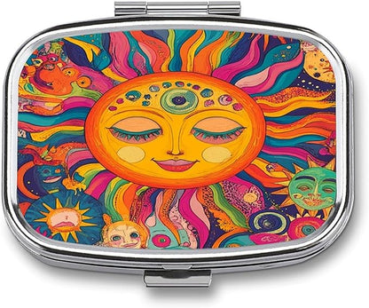 Metal 2 Compartment Pill Organizer Travel Friendly Portable Compact Pill Box Cute Pill Case,for Pocket Wallets Daily Portable Medicine Vitamin Tablet Storage (The Peculiar Sun)