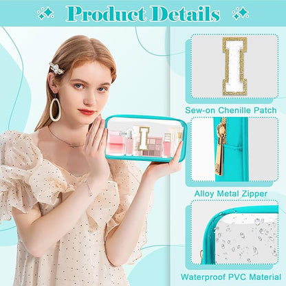 Personalized Initial Letter Clear Makeup Bag,Preppy Small Nylon&PVC Cosmetic Zipper Bag with Chenille Letter,Portable Beach Travel Skincare Toiletry Bag,Trendy Monogram Gift for Teen Girls Women,I