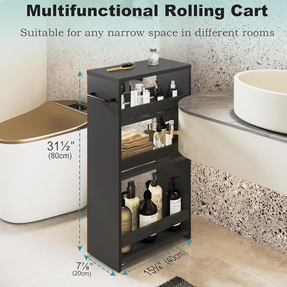 MARTY Rolling Storage Cart 7.9" W, 4-Tier Kitchen Cart with Wheels Handle, Slim Storage Cart Mobile Shelving Utility Carts for Bathroom Laundry Room Organization Narrow Places (All Black)