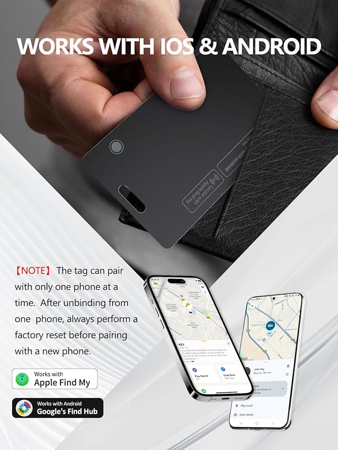 Tracking Card for Android & iOS, Ultra-Slim Rechargeable Find My Wallet Tracker Card for Luggage, ID Card, Passport - Both Works with Apple Find My & Google's Find Hub (Black, 2 Pack)