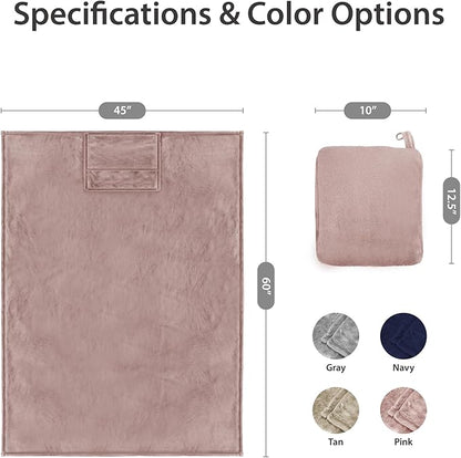 DEZ FURNISHINGS 4-in-1 Travel Compact Blanket Pillow Super Soft Velvet with Luggage Sleeve and Backpack Clip, Dusty Pink, 60" W x 45" H