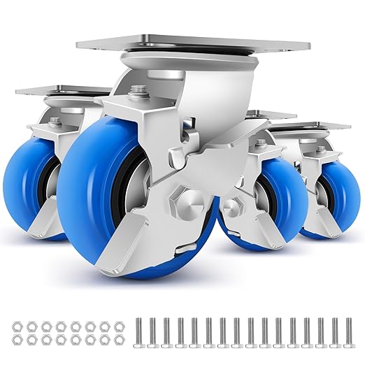 W B D WEIBIDA 4 Inch Heavy Duty Casters, Smooth Rolling Caster Design for Cart Wheels, 2500 LBS Industrial Grade Castors with Upgraded Thickened Bracket, Durable Castors (4 Brake)