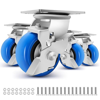 W B D WEIBIDA 4 Inch Heavy Duty Casters, Smooth Rolling Caster Design for Cart Wheels, 2500 LBS Industrial Grade Castors with Upgraded Thickened Bracket, Durable Castors (4 Brake)