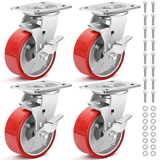 Nefish 5 Inch Industrial Grade Casters Wheels, Heavy Duty Aluminum Core PU Castor Set of 4, Durable Plate Swivel Casters with Brake 4000 LBS, Anti-Corrosion Wheels for Industrial, Equipment