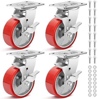 Nefish 5 Inch Industrial Grade Casters Wheels, Heavy Duty Aluminum Core PU Castor Set of 4, Durable Plate Swivel Casters with Brake 4000 LBS, Anti-Corrosion Wheels for Industrial, Equipment