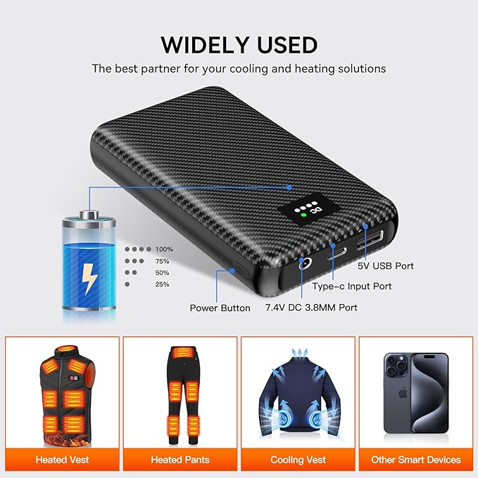 DR.HILL 7.4V Heated Vest Battery Pack, 30000mAh Huge Capacity Power Bank with 3.8MM DC Port and USB Port for Heated Vests Heated Stadium Seat Heated Pants for Men Women
