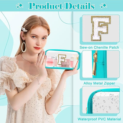 Personalized Initial Letter Clear Makeup Bag,Preppy Small Nylon&PVC Cosmetic Zipper Bag with Chenille Letter,Portable Beach Travel Skincare Toiletry Bag,Trendy Monogram Gift for Teen Girls Women,F