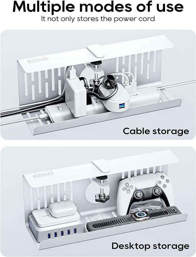 NODOCA No Drill Under Desk Cable Management Tray, 14'' Wire Management, Punch-Free Clamp on, Metal Cable Tray, Wire Organizer, Under Desk Basket for Office and Home, White